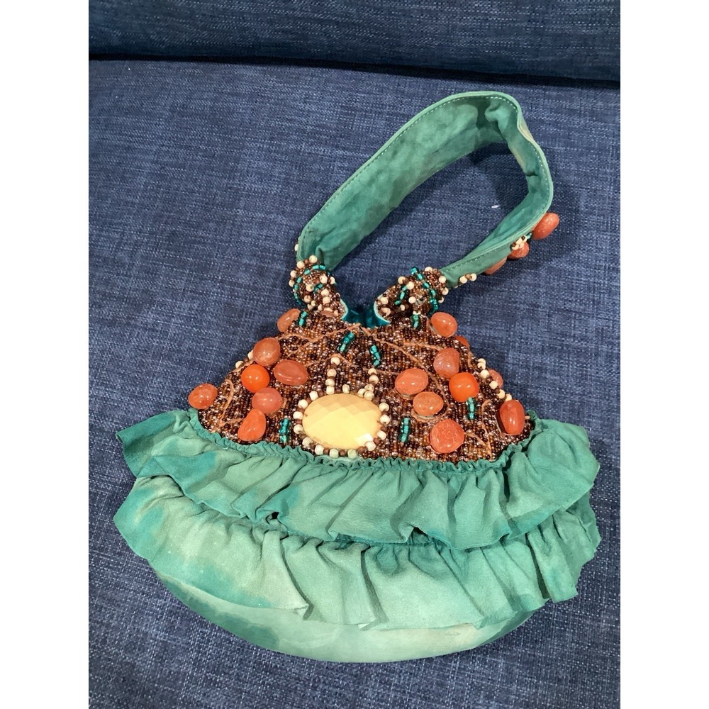 Mary Frances Turquoise Tan Heavily Beaded Bag  Strap Magnetic Closure